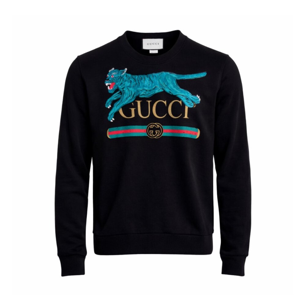 GUCCI Men's Black Leopard Appliqué Logo Print Crewneck Sweatshirt